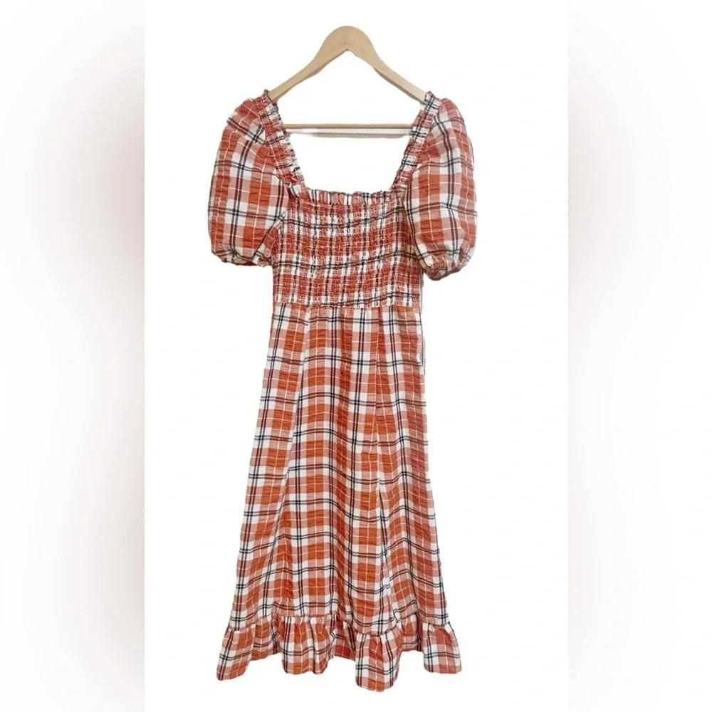 Fall Plaid Dress Smocked Bohemian Maxi Dress Orange Navy Combo Size M - Picture 9 of 11